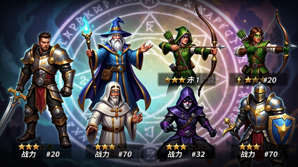 征战王权英雄招募界面图,画面中展示六位不同职业的魔幻英雄立绘,包括剑士、法师、弓箭手、牧师、刺客与骑士,每位英雄下方显示星级与战力数值,背景为神秘的魔法阵图案,整体风格为精致卡牌风,色彩鲜明,细节丰富,画质清晰,干净无多余元素