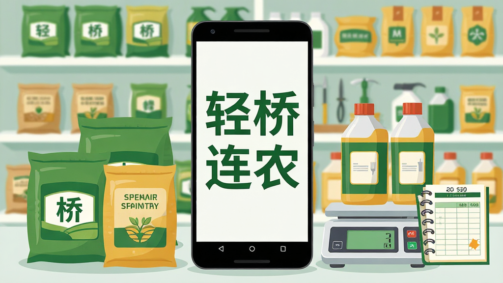 一幅手机应用场景图,画面中央是一部竖屏安卓手机,屏幕上显示“轻桥连农”四个大字,手机周围环绕着化肥袋、种子包装袋、农药瓶、电子秤与账本等农业元素,背景是整洁的农资门店货架,整体布局为手机居中、元素环绕四周,风格为扁平化插画,细节清晰,色彩以绿色和暖黄色为主,画质干净,无多余元素