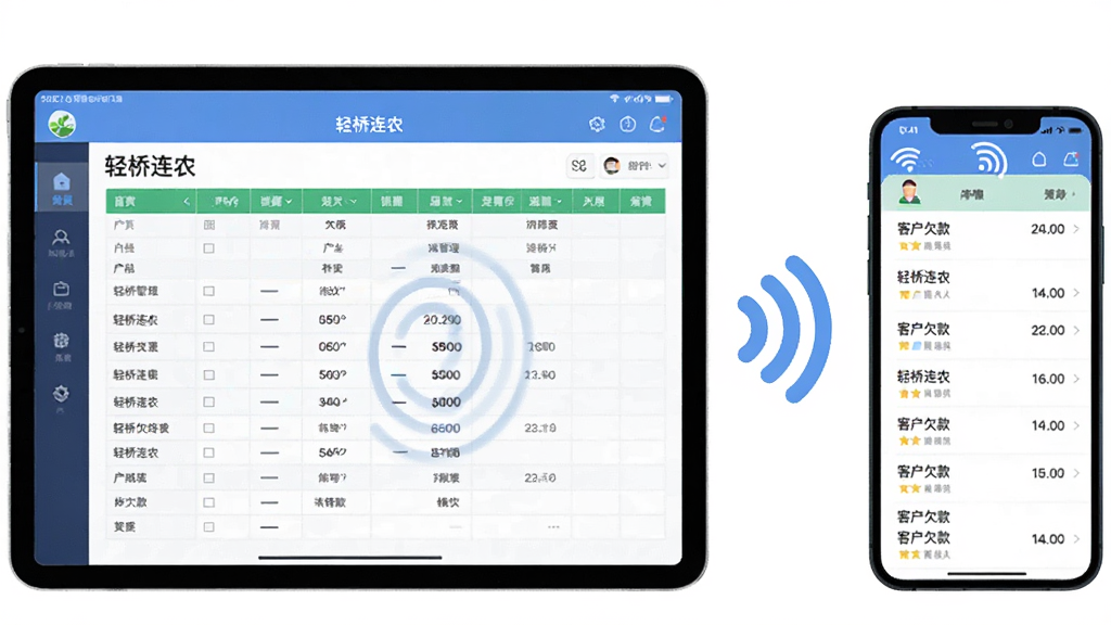 一幅多设备协同场景图,画面中同时出现一台横屏平板电脑与一部竖屏手机,平板屏幕上显示“轻桥连农”的库存管理表格界面,手机屏幕上显示客户欠款列表,两台设备之间有无线信号图标连接,布局为平板在左、手机在右,风格为科技感扁平插画,细节包括表格线条、数字与信号波纹,画质干净,无多余元素