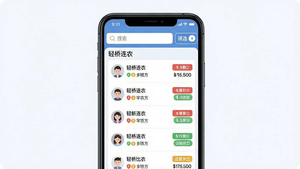 一幅客户欠款管理功能图,画面中心是一个手机屏幕,屏幕上显示“轻桥连农”客户欠款列表,每个客户名称旁边有欠款金额与还款状态标签,屏幕上方有搜索框与筛选按钮,布局为居中展示,风格为简洁商务插画,细节包括客户头像图标、金额数字与状态色块,画质清晰,干净无多余元素