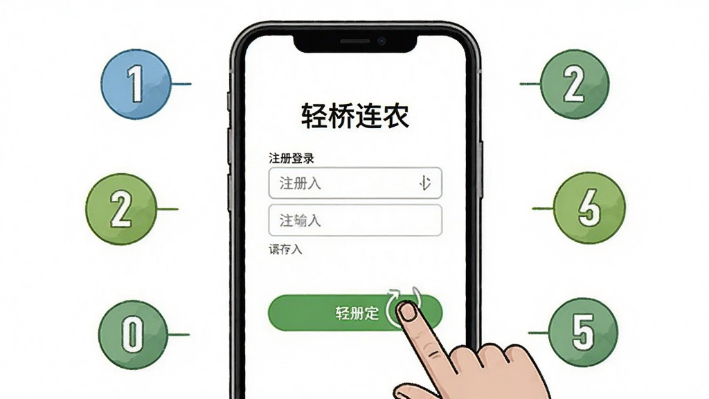 一幅新手操作指引图,画面主体为一部手机,屏幕上显示“轻桥连农”的注册登录界面,旁边有手指点击按钮的示意动作,周围有步骤序号标签从1到5排列,布局为手机居中、序号环绕,风格为简洁教程插画,细节包括输入框、按钮与步骤数字,画质清晰,干净无多余元素