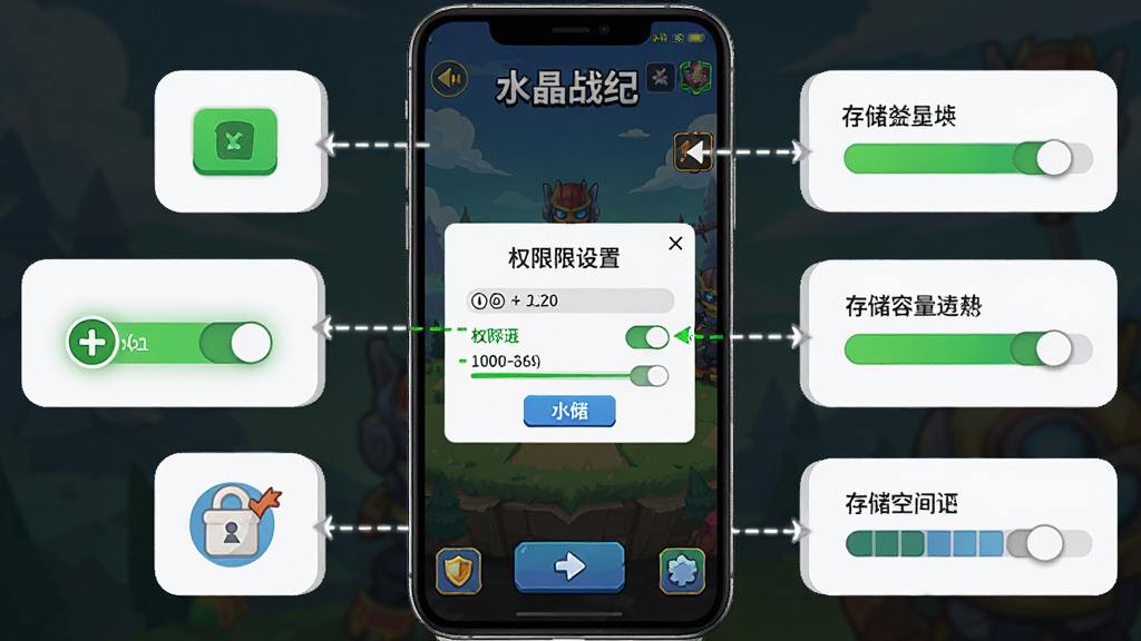水晶战纪新手操作界面示意图,主体为手机屏幕中显示游戏主界面与权限设置弹窗,布局上手机位于画面中央,周围环绕权限图标与存储空间示意图,排版采用教程风格,风格为扁平化信息图,细节包括权限开关的绿色高亮、存储容量的进度条、游戏UI的按钮标注,画质高清,干净,无多余元素
