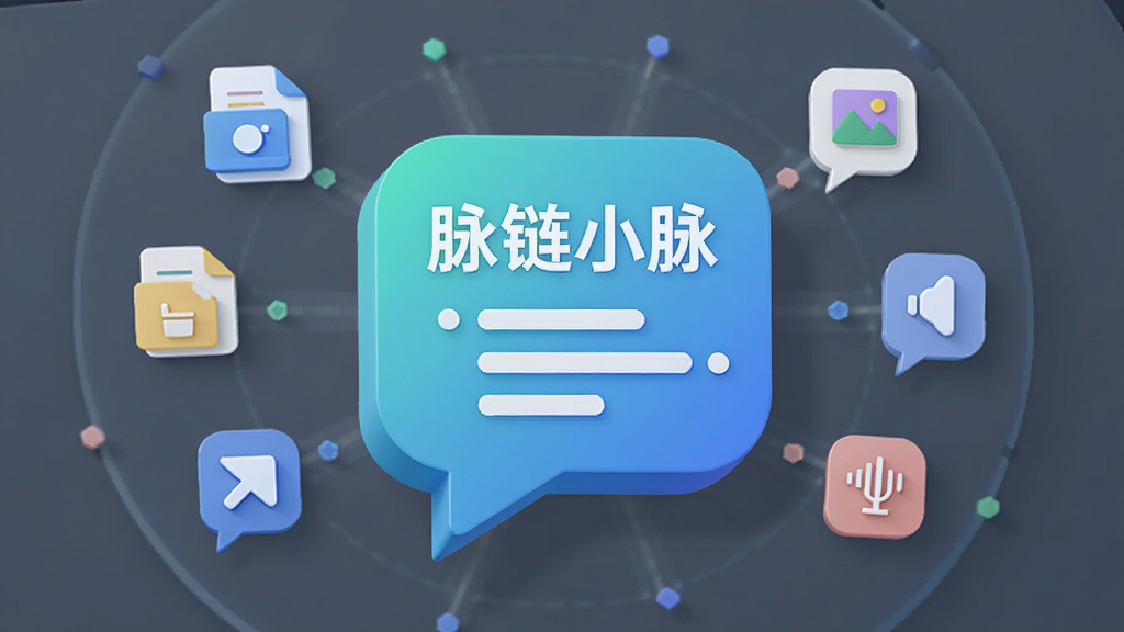 主体是一个三维立体的聊天气泡图标,气泡内显示“脉链小脉”字样和几条简短的对话线条。布局为气泡悬浮在屏幕中央,周围环绕着小型的文件、图片和语音图标。排版采用放射状排列,风格为扁平化科技感,细节上气泡有轻微的阴影和渐变。画质为高清,画面干净,无多余元素。