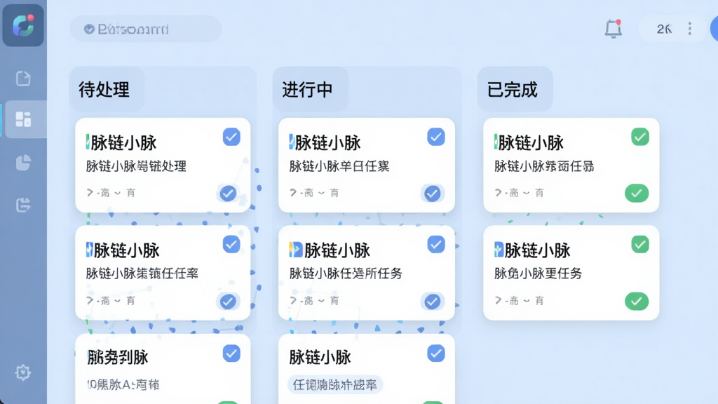 主体是一个数字化的任务看板界面,看板上排列着“待处理”、“进行中”、“已完成”三列任务卡片,卡片上写有“脉链小脉”和任务标题。布局为横向展开的看板视图,背景为淡蓝色。排版整齐,风格为现代办公软件界面,细节上卡片有圆角和勾选标记。画质为2K,画面干净,无多余元素。