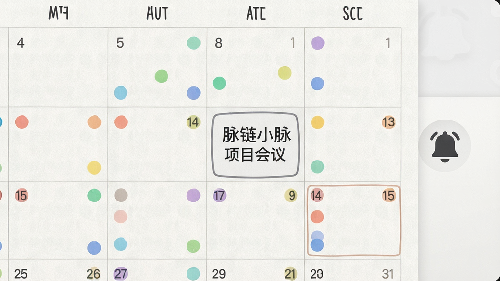主体是一个日历界面,日历上标注了多个彩色圆点代表不同日程,其中一个日程框内写有“脉链小脉 项目会议”。布局为日历占据屏幕大部分,右侧有提醒铃铛图标。排版清晰,风格为清新简约风,细节上日历有纸张质感。画质为高清,画面干净,无多余元素。