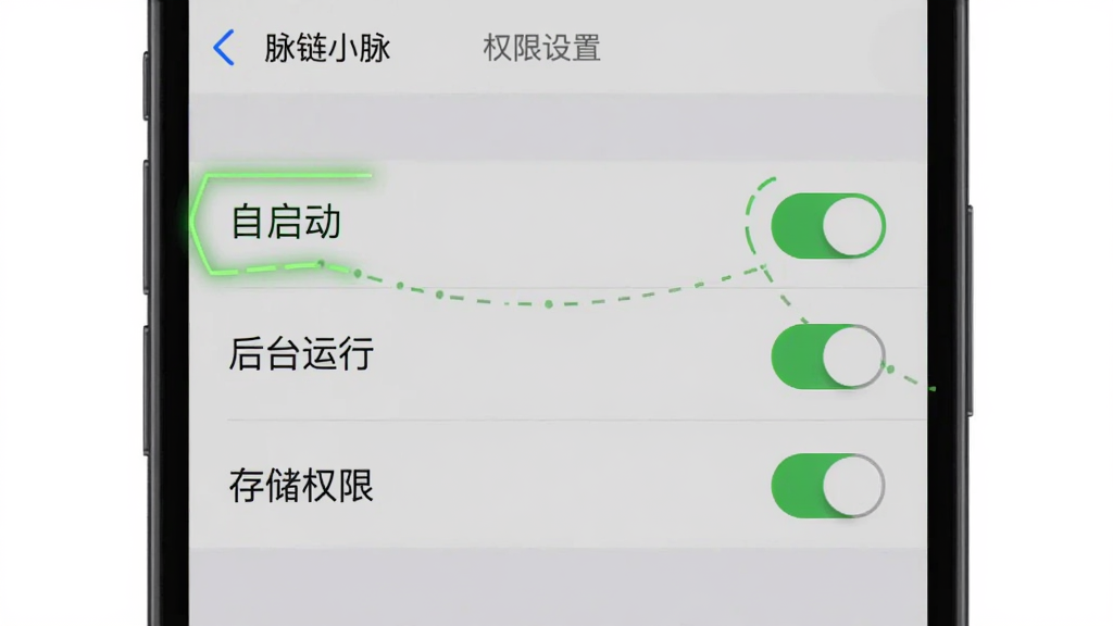 主体是一个手机屏幕截图,屏幕上显示“脉链小脉”的权限设置页面,页面中有“自启动”、“后台运行”、“存储权限”等开关选项,其中“自启动”开关被高亮标注。布局为手机界面垂直排列,背景为浅灰色。排版清晰,风格为系统设置界面,细节上开关有绿色和灰色状态。画质为高清,画面干净,无多余元素。