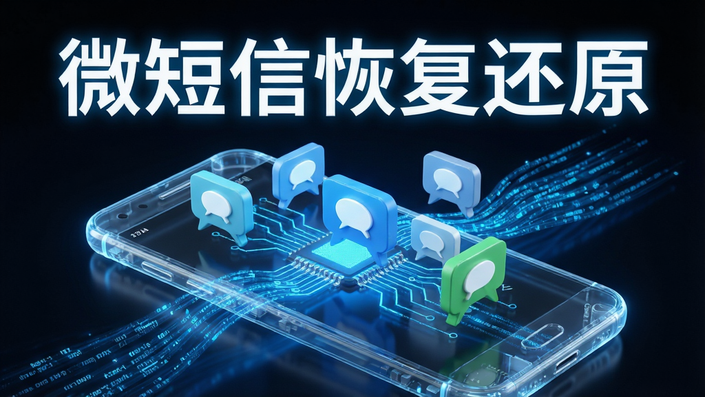 一张AI生成的科技风格插图,画面主体是一部透明发光的安卓手机,手机内部有蓝色的数据流在流动,数据流中漂浮着许多短信气泡图标,画面中央上方用白色发光字体写着“微短信恢复还原”,布局为居中构图,风格为未来科技感,细节包括数据流的光晕效果、短信气泡的立体质感,画质8K超高清,干净无多余元素。