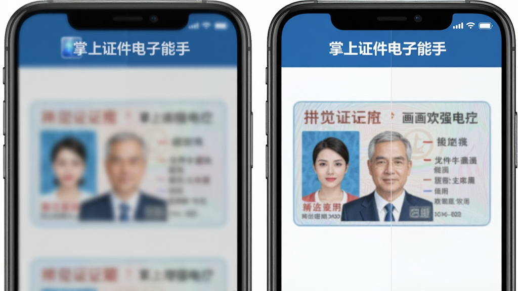 一张展示掌上证件电子能手画质增强功能的预览图,主体为手机屏幕中一张模糊身份证照片经过处理后变得清晰锐利的过程对比,布局为左右分屏对比形式,左侧显示模糊原图,右侧显示增强后的清晰效果,排版居中,风格为写实科技风,细节上屏幕上方有“掌上证件电子能手”标识,画质高清,干净无多余元素