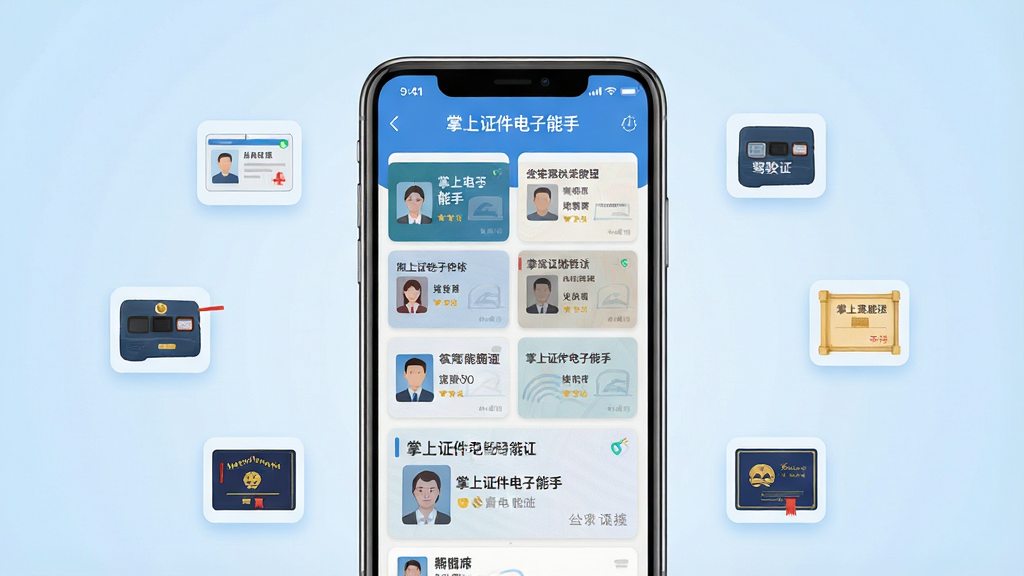 一张展示掌上证件电子能手软件主界面的预览图,主体为手机屏幕中显示多种电子证件卡片整齐排列的界面,布局采用居中构图,手机置于画面中央,周围环绕身份证、驾驶证、毕业证等小型图标元素,排版简洁有序,风格为现代科技感扁平化设计,细节上屏幕内文字清晰可见“掌上证件电子能手”字样,背景为浅蓝色渐变,画质高清,干净无多余元素