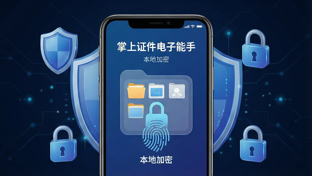 一张展示掌上证件电子能手安全存储功能的预览图,主体为手机屏幕中显示加密文件夹与指纹解锁图标,布局采用中心对称构图,手机位于画面中央,周围环绕盾牌与锁形元素,排版简洁,风格为安全科技感设计,细节上屏幕内文字标注“掌上证件电子能手”与“本地加密”字样,画质高清,干净无多余元素