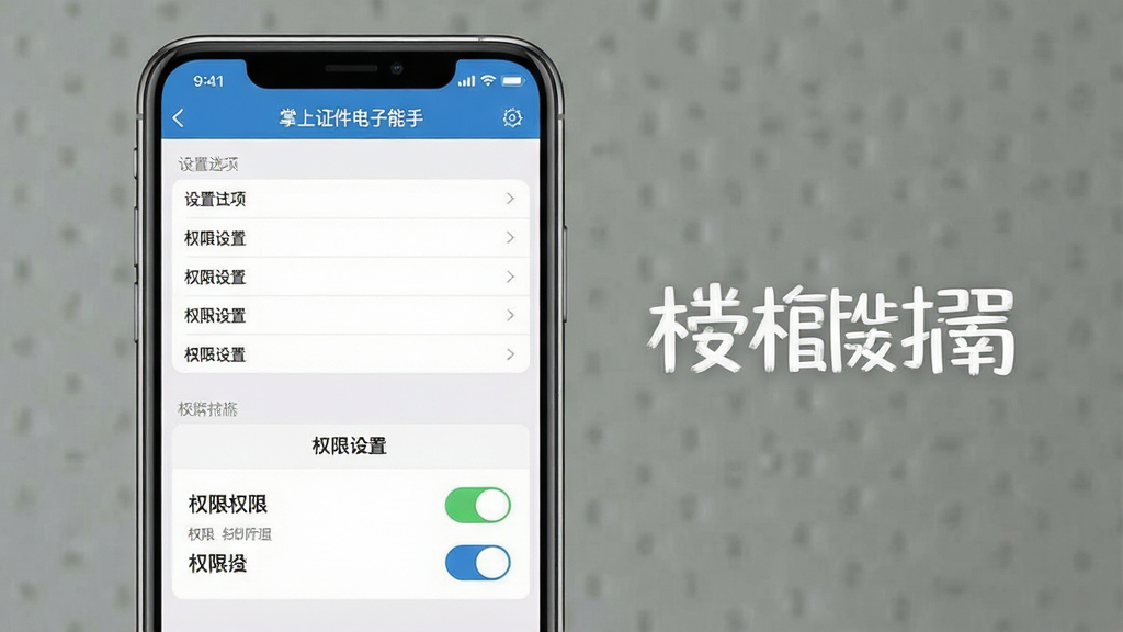 一张展示掌上证件电子能手使用指南的预览图,主体为手机屏幕中显示设置页面与权限管理界面,布局采用上下结构,上方为设置选项列表,下方为权限开关示意,排版清晰,风格为简约实用风,细节上屏幕内文字标注“掌上证件电子能手”与“权限设置”字样,画质高清,干净无多余元素