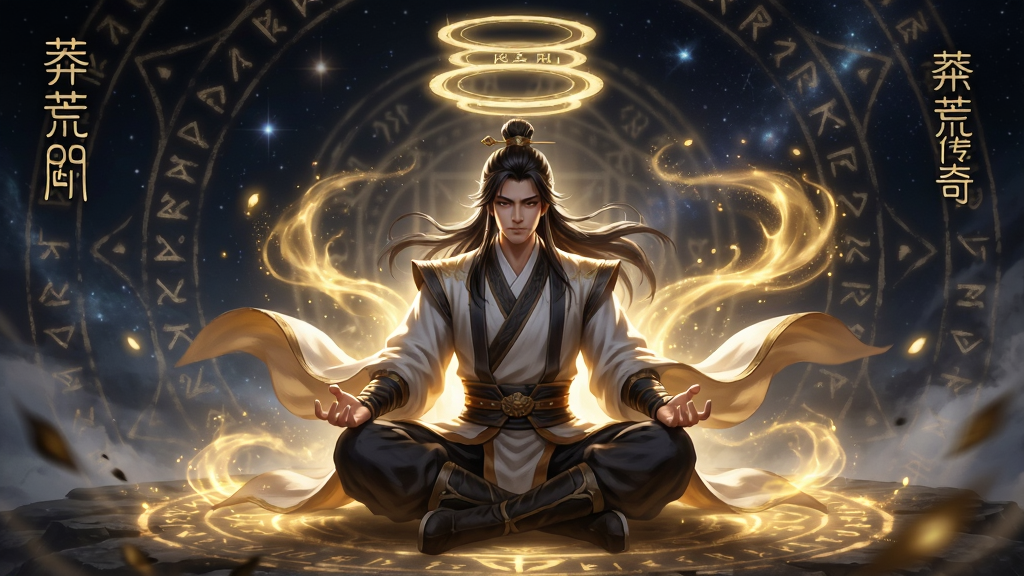 画面主体为一位盘膝而坐的修仙者,周身环绕金色灵气漩涡,头顶悬浮着多层境界光环,背景是星空与古老符文阵,布局采用中心对称构图,风格为唯美仙侠插画,细节包含灵气粒子、符文刻痕、衣袍飘动,画质干净高清,画面中带有
