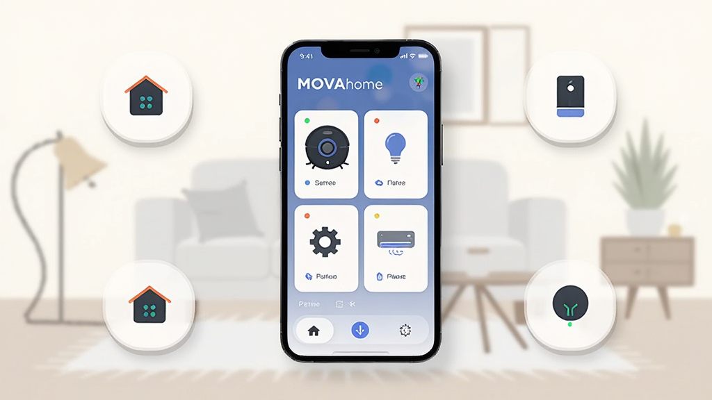 画面中央展示一部智能手机,屏幕上打开MOVAhome应用主界面,界面中排列着扫地机器人、智能灯、空调等设备卡片,手机周围环绕着简约的智能家居图标,背景为浅色客厅场景,布局采用居中构图,风格为现代科技感扁平插画,细节包括设备状态圆点、控制按钮与柔和阴影,画质清晰,干净,无多余元素