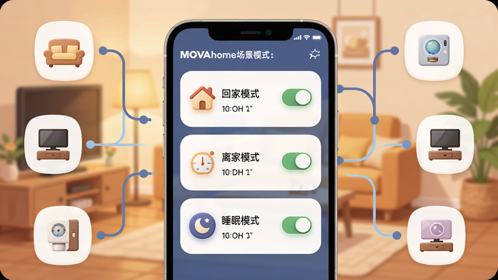 画面展示MOVAhome场景模式设置界面,手机屏幕中列出“回家模式”“离家模式”“睡眠模式”等选项,每个模式旁有对应设备图标,背景为温馨家居环境,布局为手机居中、周围环绕场景图标,风格为柔和圆角插画,细节包括开关按钮、时间标签与连接线,画质清晰,干净,无多余元素