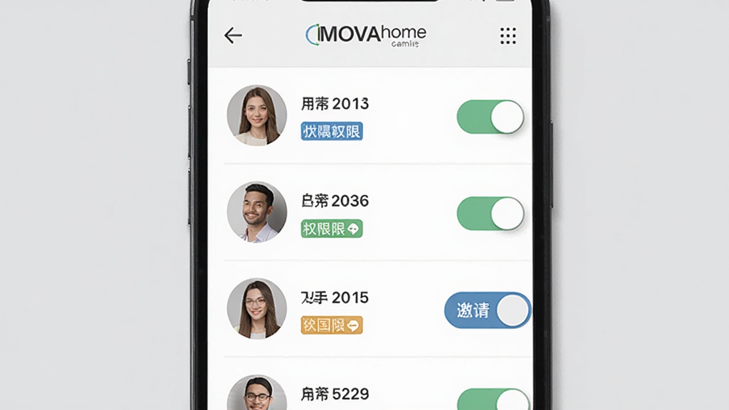 手机屏幕显示MOVAhome家庭成员管理页面,列表中展示多位家庭成员头像与权限标签,画面采用正面视角,背景为浅灰色,风格为简约商务扁平风,细节包括权限开关、邀请按钮与角色标识,画质清晰,干净,无多余元素