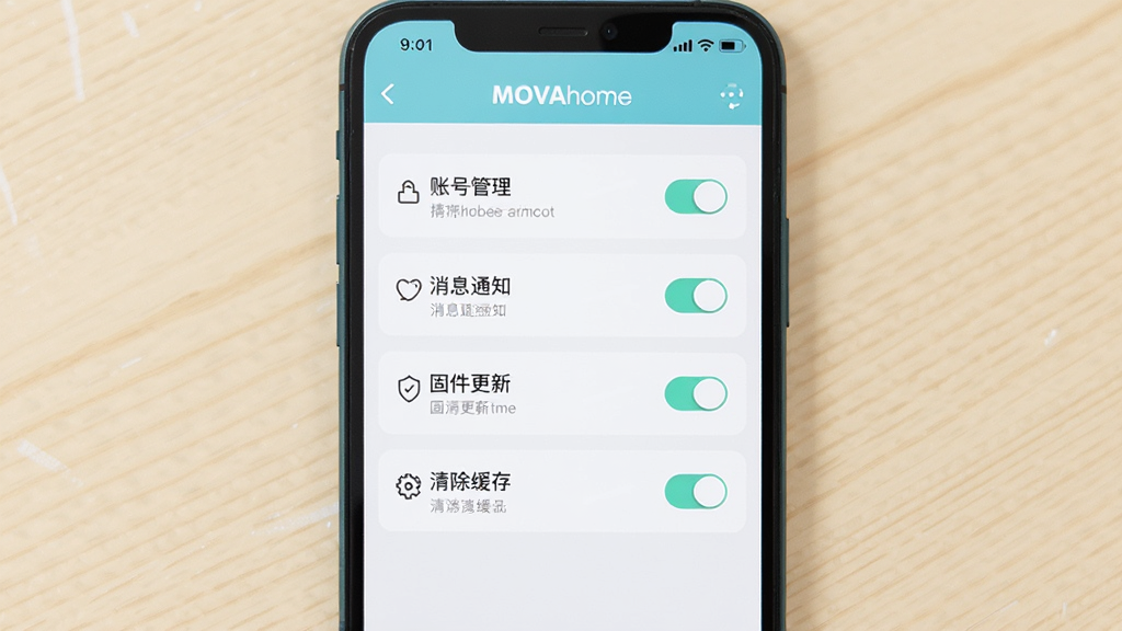 手机屏幕展示MOVAhome应用设置页面,页面中包含账号管理、消息通知、固件更新、清除缓存等选项,画面采用正面特写,背景为浅色桌面,风格为清新浅色扁平风,细节包括开关按钮、箭头图标与文字标签,画质清晰,干净,无多余元素
