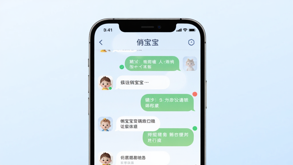 画面中央是一部智能手机,屏幕上显示“俏宝宝”聊天界面,界面中有对话气泡和头像,背景为柔和的浅蓝色渐变,布局简洁,风格清新现代,细节包括圆角图标和消息通知标记,画质清晰,干净,无多余元素