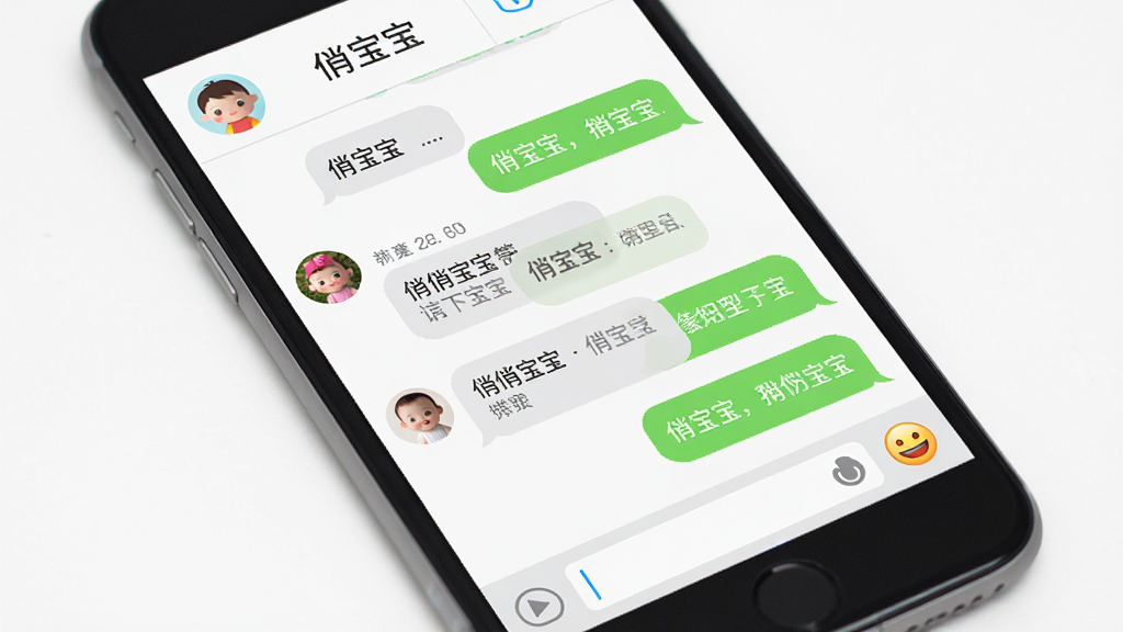 手机屏幕特写,显示“俏宝宝”文字聊天窗口,多条消息气泡交错排列,顶部有联系人头像,底部有输入框和表情按钮,背景为干净的白色,风格简约扁平,细节清晰,画质干净,无多余元素