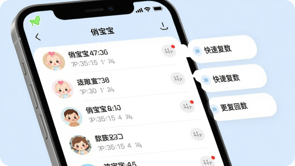 手机界面展示“俏宝宝”消息列表,多个会话按时间排序,顶部有置顶标记,右侧有快捷回复气泡菜单,背景为淡蓝色,风格现代,细节包括未读红点和时间戳,画质清晰,干净,无多余元素