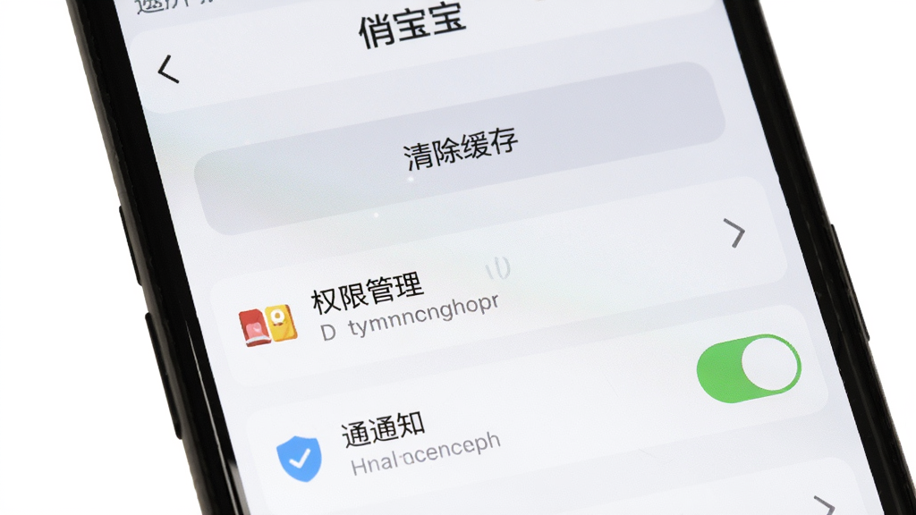 手机屏幕显示“俏宝宝”设置页面,包含清除缓存按钮、权限管理选项和通知开关,背景为白色,布局清晰,风格简洁,细节有图标和文字说明,画质干净,无多余元素