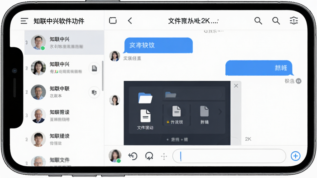 知联中兴软件功能界面展示,主体为手机屏幕中的聊天对话窗口与文件传输面板,布局为左右分栏左侧联系人列表右侧聊天内容,排版为上下结构顶部导航栏底部输入框,风格为扁平化商务风,细节包括蓝色气泡消息、文件图标、已读标记,画质为高清2K,干净无杂乱