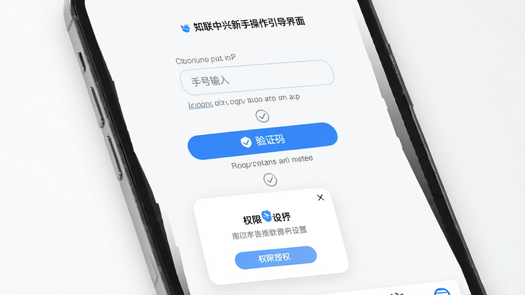 知联中兴新手操作引导界面,主体为手机屏幕展示注册登录与权限设置步骤,布局为纵向流程式排列,排版为从上到下依次展示手机号输入框、验证码按钮、权限授权弹窗,风格为清新简约风,细节包括蓝色主按钮、灰色提示文字、勾选图标,画质为高清1080P,干净整洁无多余元素