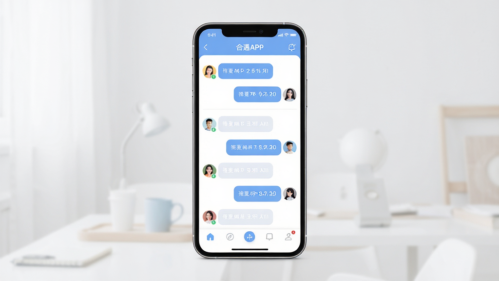 合遇APP主界面展示,主体是一部智能手机居中放置,屏幕内显示聊天列表与好友头像排列整齐,布局采用左右对称式构图,排版简洁清晰,风格为现代扁平化UI设计,细节包含柔和的蓝白配色、圆角图标、底部导航栏,画质高清,干净,无多余元素