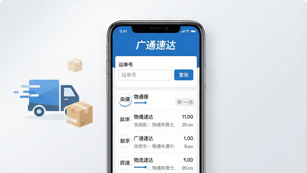 广通速达软件主界面展示,画面中央是手机屏幕,屏幕内显示蓝白配色的物流查询界面,顶部有“广通速达”文字标识,中间是运单号输入框和查询按钮,下方列出多条物流轨迹信息,背景为干净的浅灰色渐变,左侧有抽象货车与包裹图标点缀,整体风格简洁商务,画质清晰,无多余元素