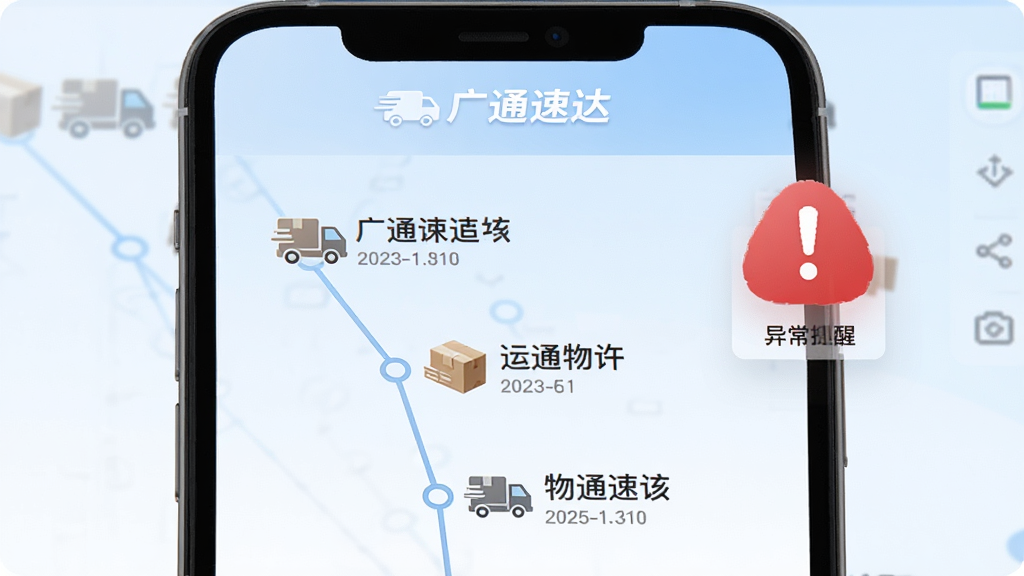 广通速达实时运单追踪功能界面,手机屏幕显示一条完整的物流时间轴,每个节点带有快递图标和文字说明,顶部有“广通速达”品牌标识,背景采用淡蓝色渐变,右侧悬浮一个红色预警感叹号图标表示异常提醒,整体布局清晰,风格现代简洁,画质干净,无多余元素