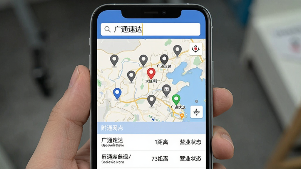 广通速达网点查询功能展示,手机屏幕显示地图模式,地图上有多个定位标记点,下方列表展示附近网点名称、距离和营业状态,顶部搜索栏内有“广通速达”文字,背景为浅色地图底图,风格清爽直观,画质清晰,无多余元素