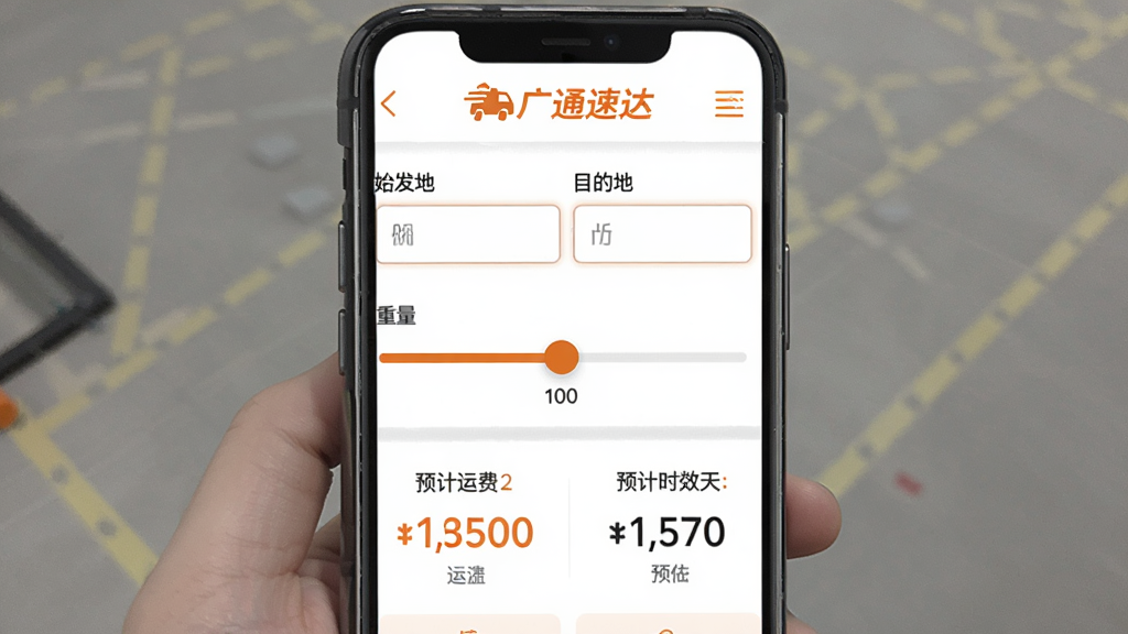 广通速达运费估算功能界面,手机屏幕上半部分显示始发地和目的地输入框,中间有重量滑块,下半部分展示预估运费数字和预计时效天数,整体配色为白底配橙色强调,顶部有“广通速达”标识,风格简洁实用,画质清晰,无多余元素