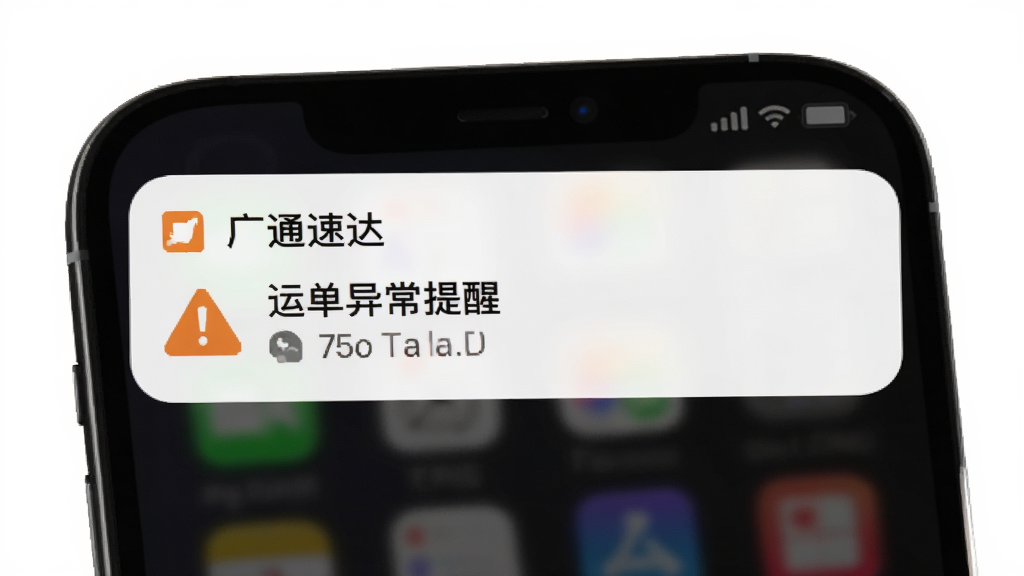 广通速达异常预警推送界面,手机锁屏通知栏显示一条来自“广通速达”的预警消息,内容为运单异常提醒,背景为深色手机桌面,通知卡片为白色圆角设计,带有橙色警示图标,整体风格简洁醒目,画质清晰,无多余元素