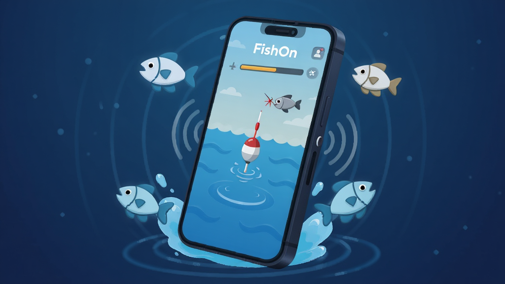 画面中央展示一部智能手机,手机屏幕上显示着 FishOn 的钓鱼场景,有水面、浮漂和咬钩提示。手机周围环绕着水花、鱼形图标和体感波纹,背景是简洁的深蓝色渐变。布局采用居中构图,手机微微倾斜,仿佛正在被甩动。风格为扁平化科技插画,细节包括屏幕上的咬钩进度条和手机侧边的震动波纹,画质清晰,干净,无多余元素。
