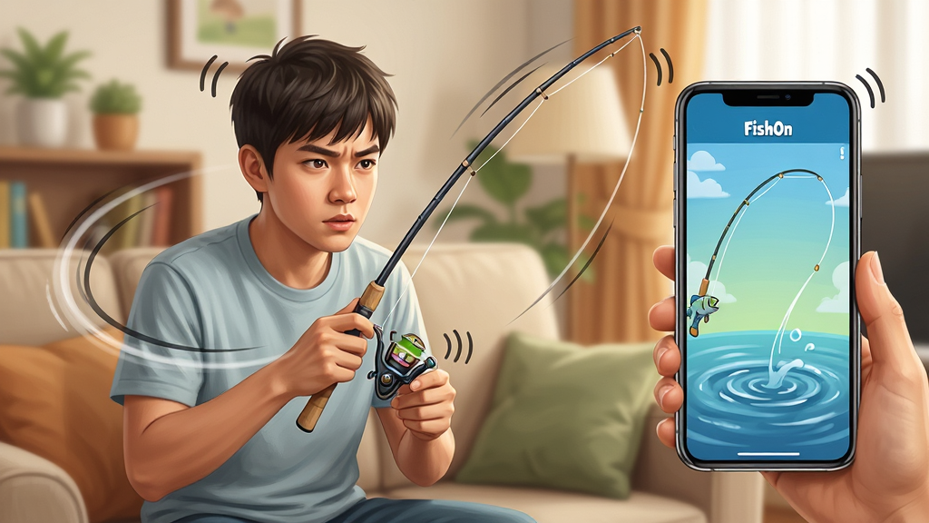 一位年轻人坐在沙发上,双手握持手机做出甩竿动作,手机屏幕显示 FishOn 游戏界面,画面中有鱼线抛出弧线。人物周围有运动轨迹线和震动符号,背景是温馨的客厅环境。布局为人物居中偏左,右侧留白展示手机屏幕细节。风格为写实生活插画,细节包括人物专注的表情和手机上的动态水波,画质高清,干净,无多余元素。
