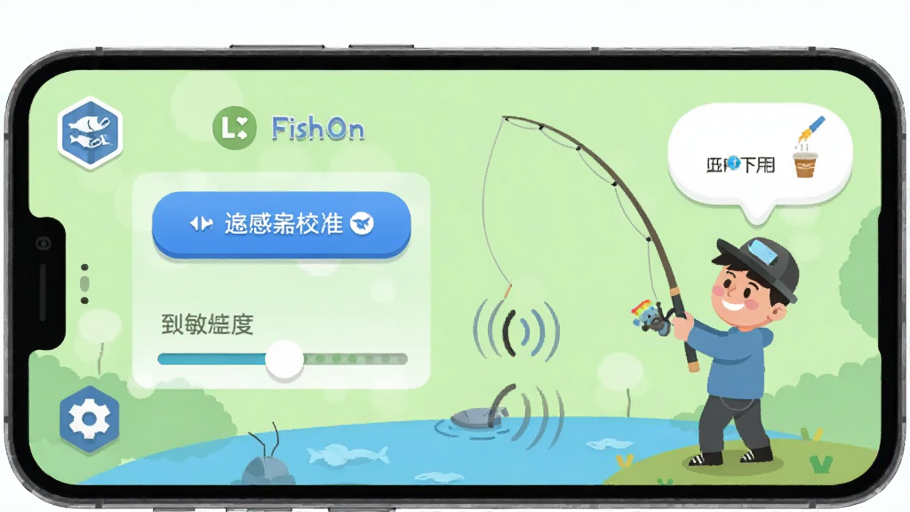 手机屏幕显示 FishOn 的游戏设置界面,有传感器校准按钮和灵敏度滑块,旁边有一个卡通人物做出甩竿动作,背景为淡绿色。布局为手机居中,周围有设置图标和提示气泡。风格为扁平化 UI 插画,细节包括校准进度条和震动波纹,画质清晰,干净,无多余元素。