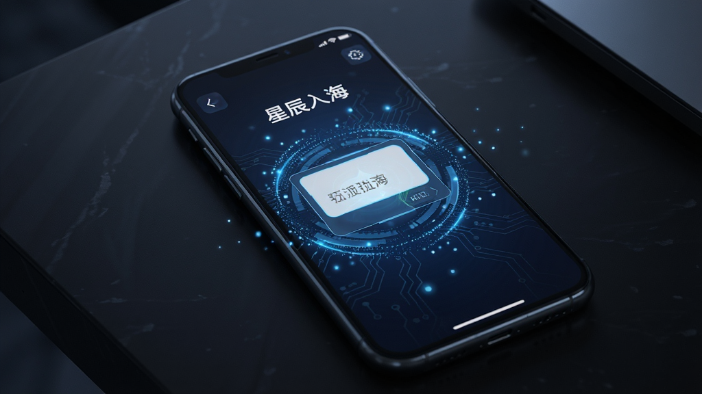 一部智能手机放置在深色桌面上,屏幕亮起显示“星辰入海”应用界面,界面中央有一个醒目的验证码输入框,周围环绕着科技感十足的蓝色光线和数字粒子,画面采用居中构图,风格偏向现代科技风,细节处有细微的电路纹理和光点,画质高清,画面干净,无多余元素