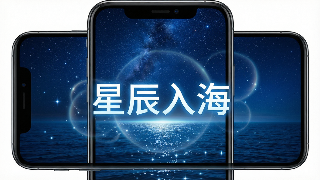 一张展示手机屏幕的图片,屏幕中央显示“星辰入海”四个发光字,背景是深蓝色星空与海洋交汇的梦幻场景,星光点点洒落在海面上,画面布局以上下分层为主,上方为璀璨星空,下方为深邃海洋,手机界面干净简洁,风格偏向科技感与梦幻感结合,细节处有细微的光晕和粒子效果,整体画质高清,画面干净,无多余元素