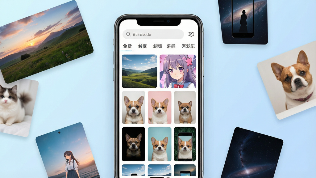 一张展示“免费主题手机壁纸”软件界面的图片,画面中央是手机屏幕,屏幕内显示该软件的主页,顶部有搜索栏和分类标签,下方以网格形式排列着多张不同风格的壁纸缩略图,包括风景、动漫、萌宠等,手机周围散落着几张高清壁纸卡片,背景是柔和的浅蓝色渐变,整体风格清新简洁,画质清晰,干净无多余元素