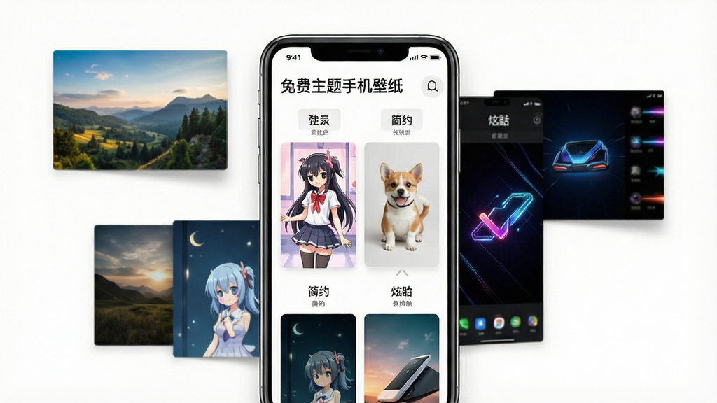 一张展示“免费主题手机壁纸”软件内壁纸分类页面的图片,画面中央是手机屏幕,屏幕内显示多个分类栏目,如风景、动漫、萌宠、简约、炫酷等,每个分类下方有若干张代表性壁纸缩略图,手机旁边漂浮着几张高清壁纸预览图,背景为纯白色,风格干净清爽,画质细腻,无多余装饰元素