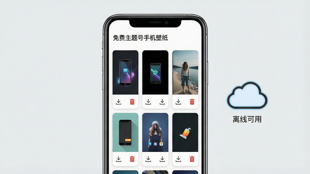 一张展示“免费主题手机壁纸”软件收藏夹页面的图片,画面中央是手机屏幕,屏幕内显示收藏夹列表,每张壁纸以卡片形式排列,带有下载和删除图标,手机旁边有一个云朵图标表示离线可用,背景为浅灰色,风格简约实用,画质清晰,无杂乱元素