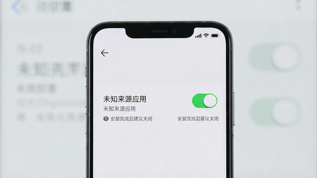一张展示手机安全设置界面的图片,画面中央是手机屏幕,屏幕内显示“未知来源应用”安装权限开关,旁边有提示文字“安装完成后建议关闭”,背景为浅灰色,风格简洁明了,画质清晰,无多余元素