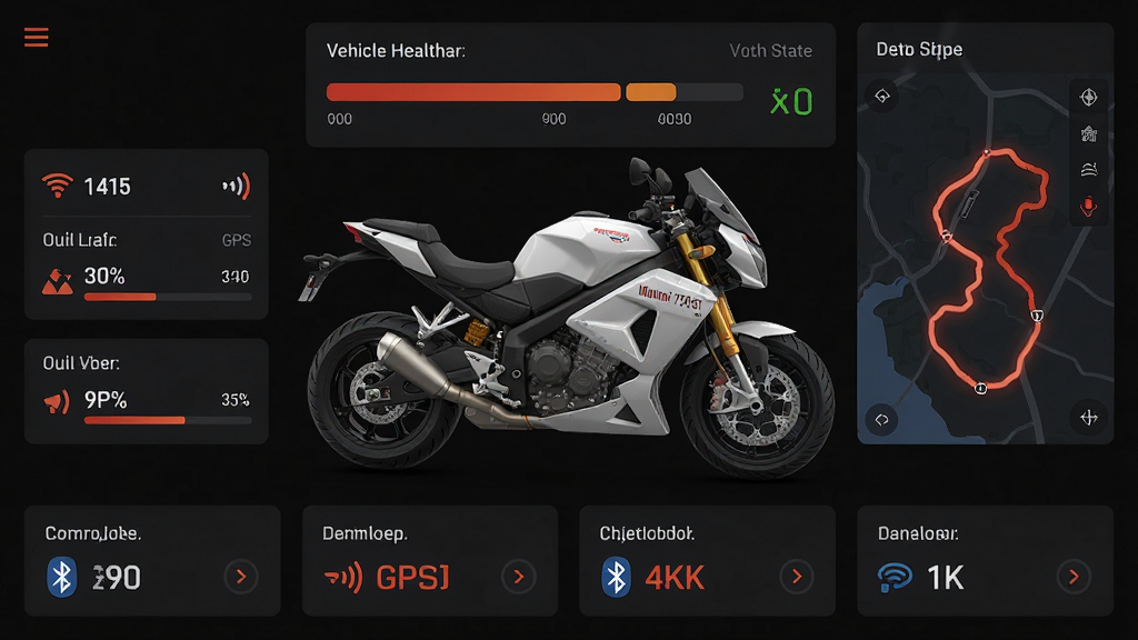 Ħ��Ī����APP������չʾ������������һ��Ħ��Ī����750GTĦ�г���ά��Ⱦͼ����Χ�����ų���״̬������������й켣��ͼ�����岼��Ϊ���½ṹ�Ϸ���ʾ�����������·���ʾ�������ݿ�Ƭ���Ű������ɫ��������Ⱥ�ɫ�������֣����Ϊ�Ƽ������е�н�ϵı�ƽ����ƣ�ϸ�ڰ�����̥ѹ����ֵ�����������ٷֱȡ�GPS�ź�ͼ�ꡢ��������״̬������4K���壬�ɾ��޶���Ԫ��