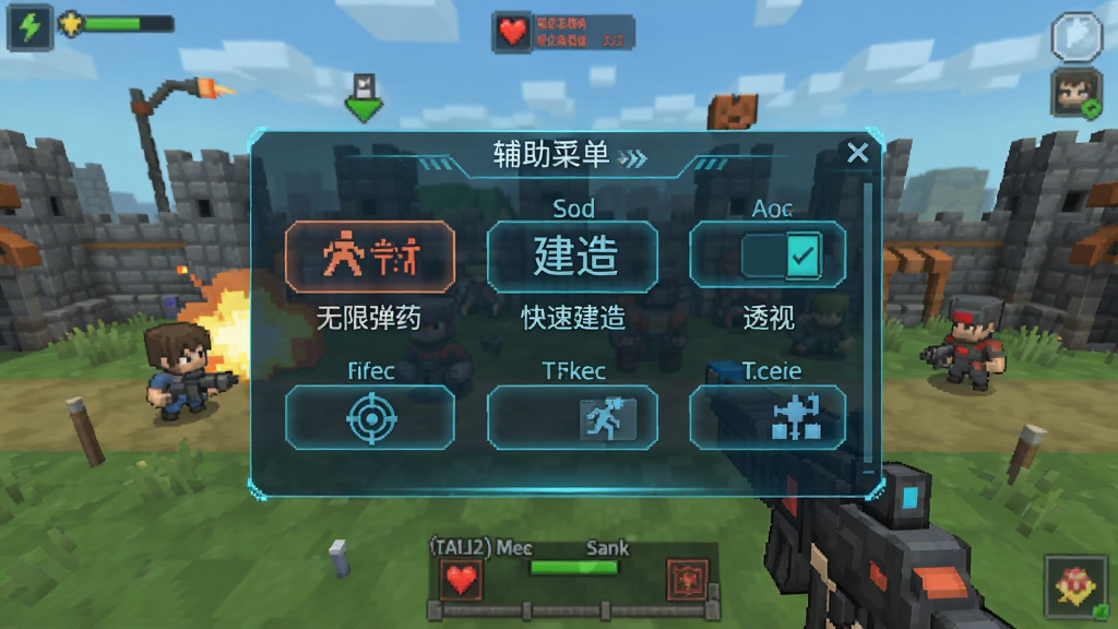 方块战场中文版(辅助菜单)辅助菜单悬浮窗界面展示,画面中游戏战场为背景,前景是半透明的辅助菜单面板,面板上排列着无限弹药、快速建造、透视标记等功能开关按钮,风格为科技感UI与像素游戏结合,细节清晰,画质干净,无多余元素