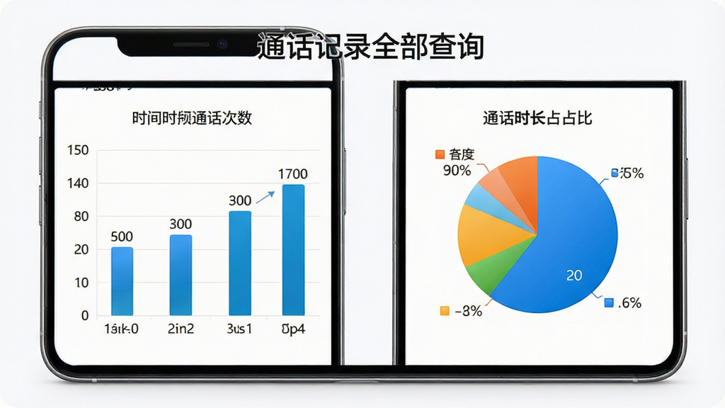 手机屏幕展示通话记录统计图表,包含柱状图和饼图,分别显示不同时间段的通话次数和通话时长占比,图表颜色鲜明,数据标注清晰,周围有简洁的文字说明,整体风格商务专业,高清画质,背景干净无多余元素,画面中带有