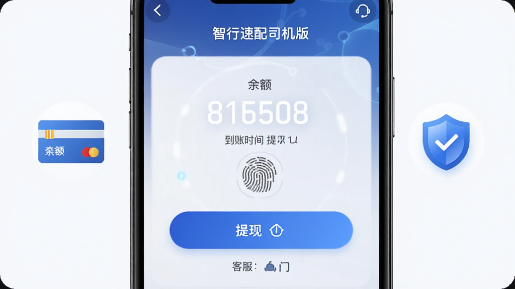 智行速配司机版钱包提现页面,手机屏幕显示余额数字与提现按钮,旁边有银行卡与盾牌图标,布局为居中对称,风格为安全科技风,细节包含指纹识别图标、到账时间提示、客服入口,画质清晰,干净,无多余元素