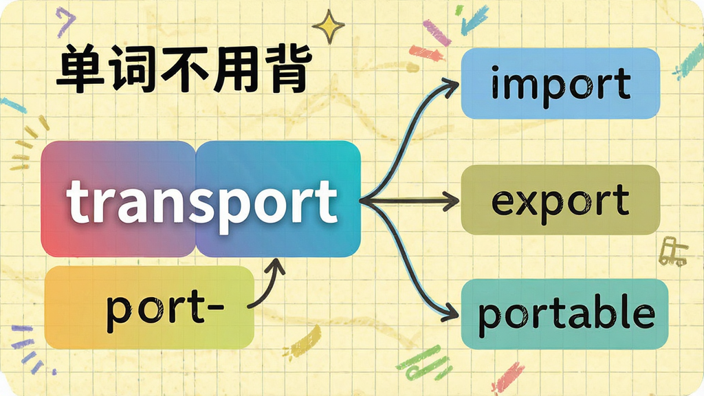 一张展示词根词缀拆解记忆法的信息图,画面左侧是一个单词“transport”被拆解为“trans-”和“port”两个彩色模块,右侧延伸出“import”“export”“portable”等同根词,背景为淡黄色网格纸风格,风格简洁明快,细节清晰,画质干净,无多余元素,图中标注“单词不用背”