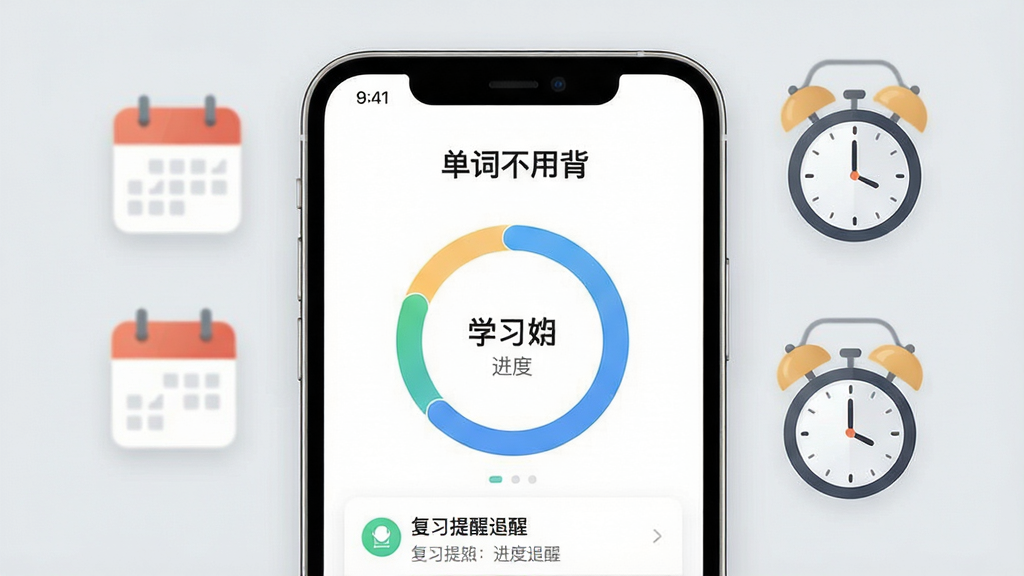 一张展示智能复习与进度追踪的手机界面示意图,画面中一部智能手机屏幕显示学习进度环形图和复习提醒列表,周围有日历图标和时钟元素,背景为浅灰色,风格为现代UI设计展示,细节清晰,画质干净,无多余元素,屏幕上方有“单词不用背”标题