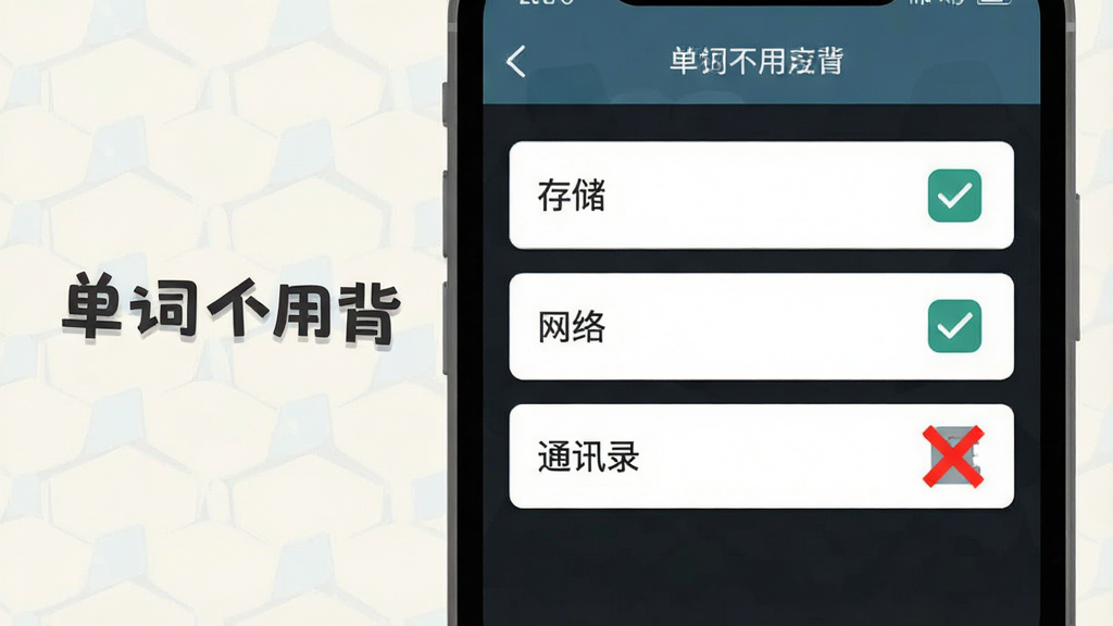 一张展示手机学习应用安装与权限设置界面的示意图,画面中手机屏幕显示权限管理列表,其中“存储”和“网络”权限被勾选,“通讯录”权限被红色叉号标记,背景为浅色,风格为扁平化UI说明图,细节清晰,画质干净,无多余元素,图中带有“单词不用背”文字