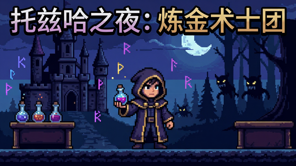 一幅以托兹哈之夜: 炼金术士团为主题的像素风格游戏画面,画面中央是一位身穿炼金术士长袍的主角,手持发光药剂瓶,背景是哥特式城堡与幽暗森林,月光洒落,整体色调以深蓝、紫色和暗金色为主,布局采用横向卷轴视角,排版突出游戏标题“托兹哈之夜: 炼金术士团”,风格为复古像素艺术,细节包括飘浮的魔法符文、炼金台和远处游荡的暗影生物,画质清晰,干净,无多余元素