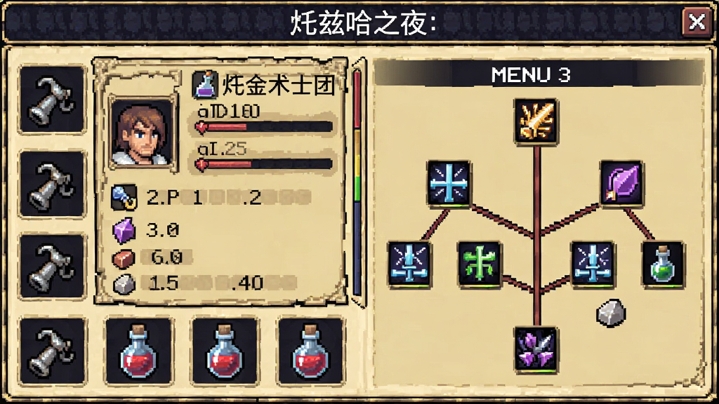 一幅托兹哈之夜: 炼金术士团的角色成长界面像素图,展示主角属性面板与技能树,周围有装备图标和药剂瓶,布局为菜单式排版,风格为复古像素,细节包括等级数字、技能图标、材料数量,画质清晰,干净,无多余元素